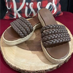 Gianvito Rossi Marbella Leather Brown Braided Espadrille Slide Sandals